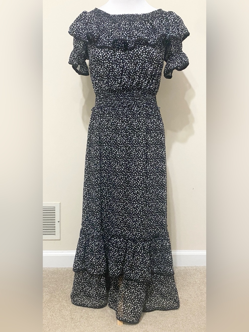 MISA Los Angeles Estefania Black & White Polka Dot Ruffle Midi Dress